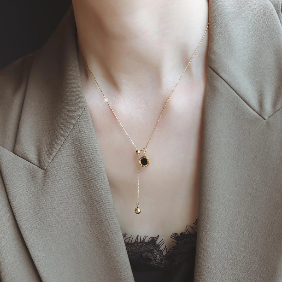 钛钢项链 法式高级感黑白双面罗马数字项链女2025新款抽拉锁骨链