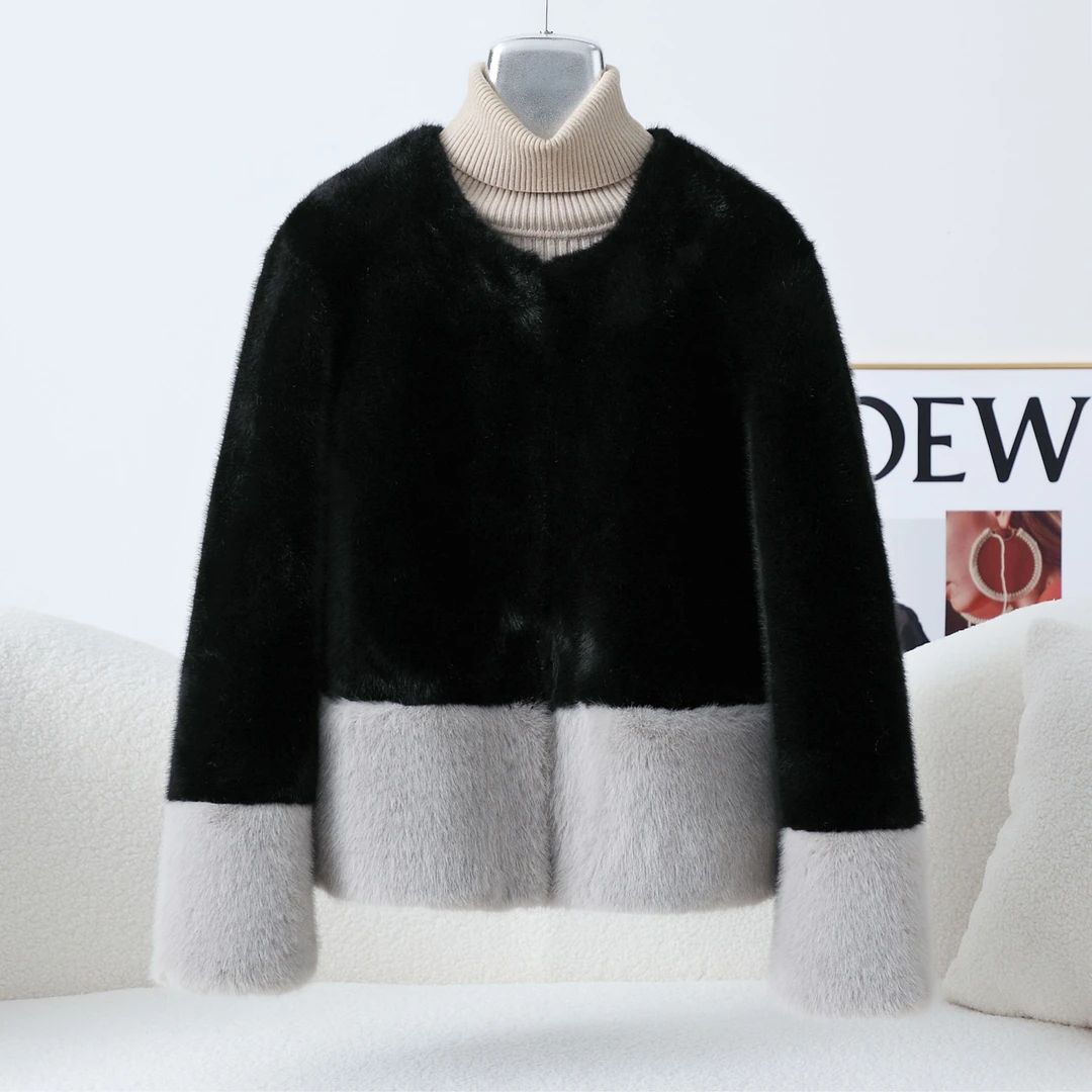 《设计师款毛毛外套女》冬季时尚.撞色气质.设圆领拼色加厚保暖韩版