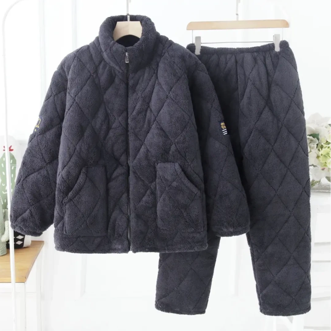 冬季珊瑚绒睡衣男士三层夹棉加厚加绒厚款保暖套装冬款可外穿