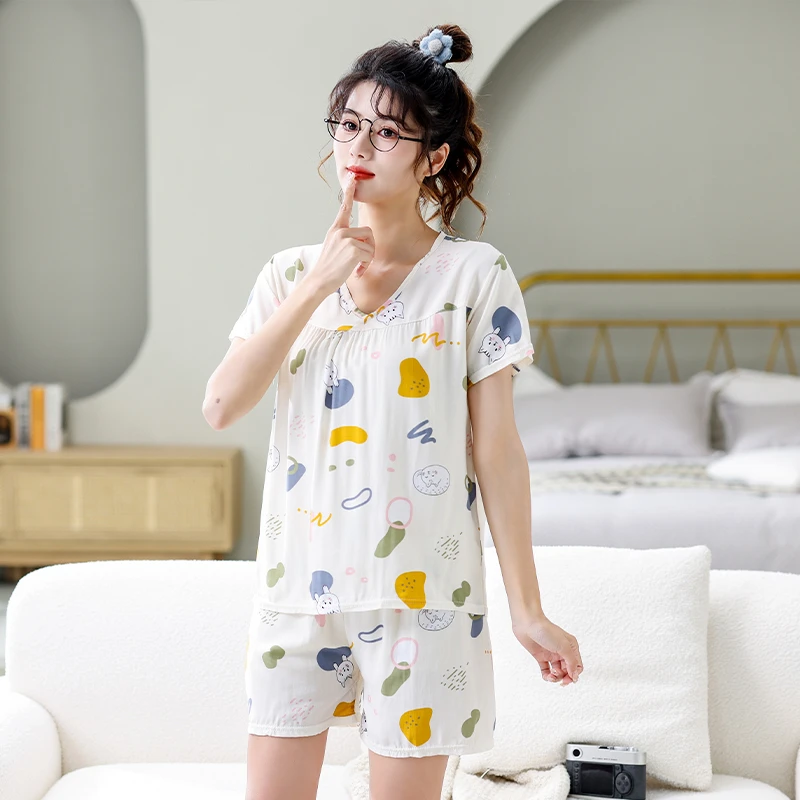 夏季新款绵绸短袖女睡衣套装夏天清凉空调服两件套宽松大码家居服