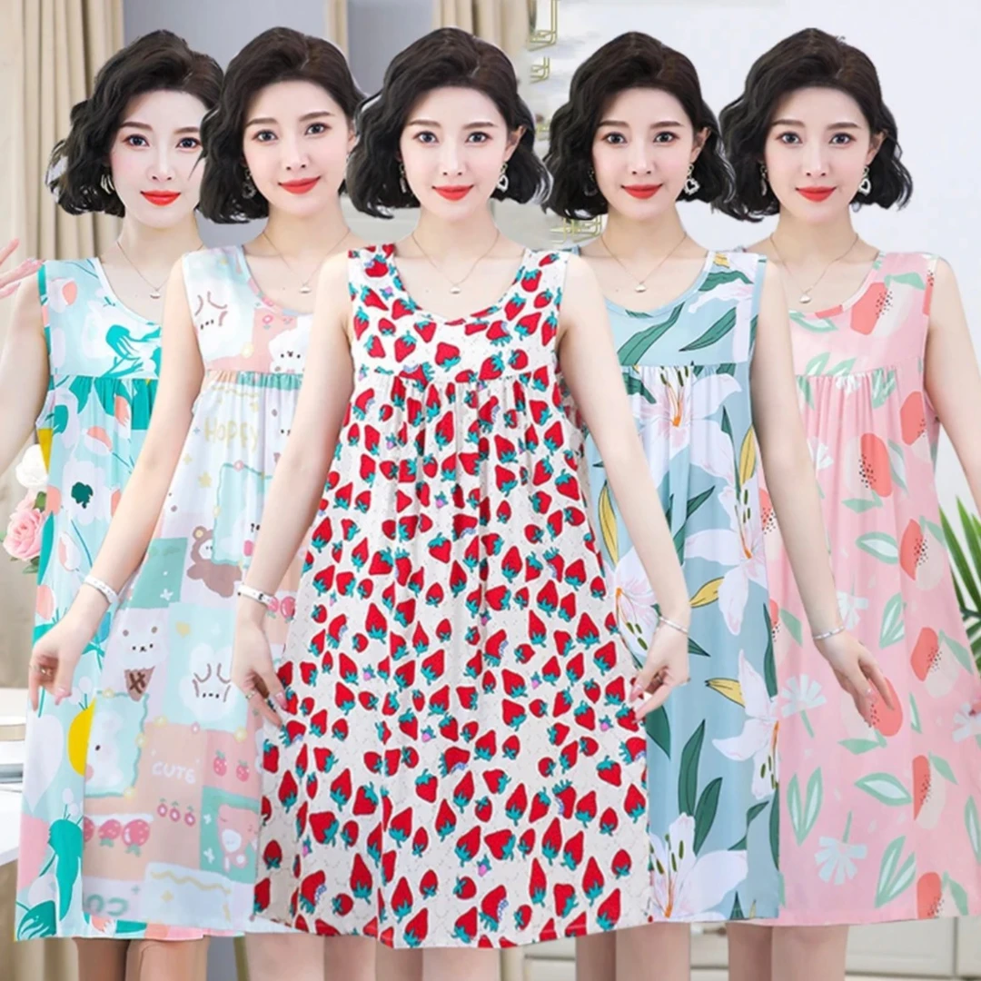 中年女夏季无袖绵绸连衣裙女睡裙中长款家居服裙子869
