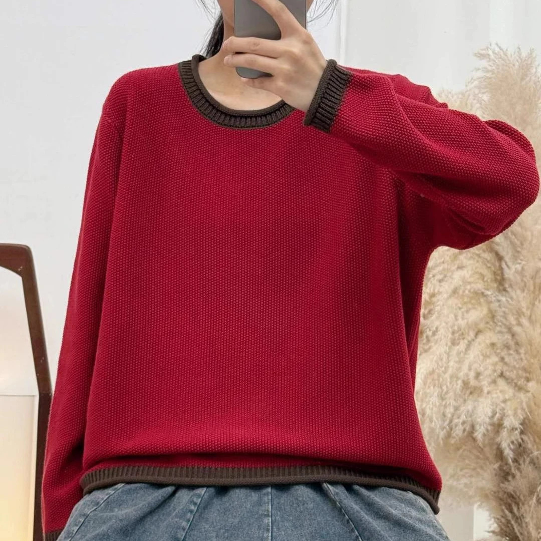 2024秋冬新款圆领拼色针织衫女宽松显瘦百搭长袖毛衣打底上衣纯色