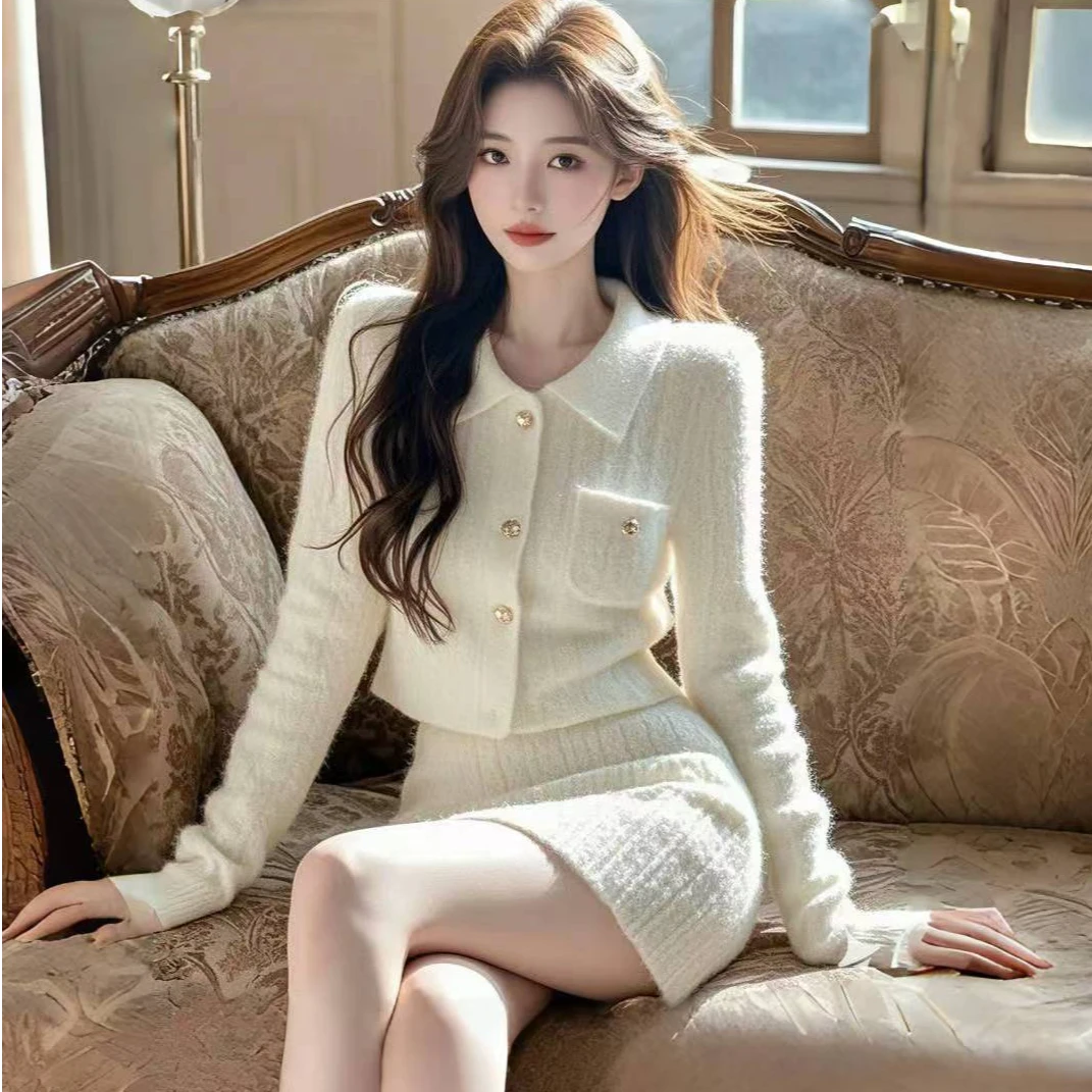 2024新款轻奢小个子气质洋气小香风白色针织开衫半裙套装秋冬季