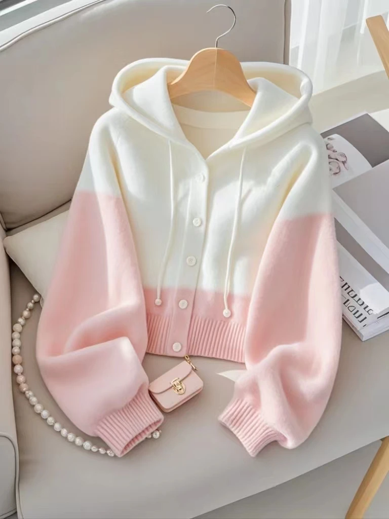 韩系粉色拼接连帽毛衣外套百搭高级感洋气秋冬新款女针织开衫上衣