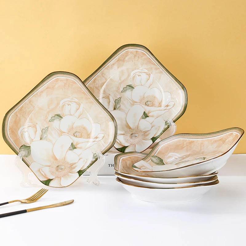 6只装8.5英寸复古山茶花如意方盘家用陶瓷盘子欧式网红深盘汤盘