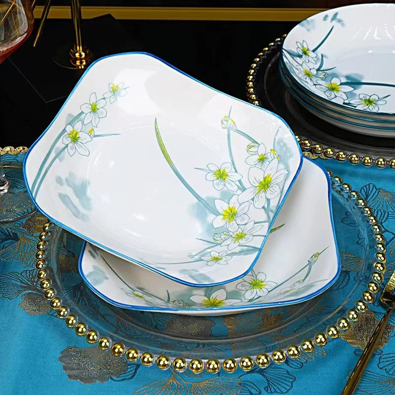 6只装釉下彩8.5英寸如意四方盘正方形盘子炒菜盘深盘异形盘家用