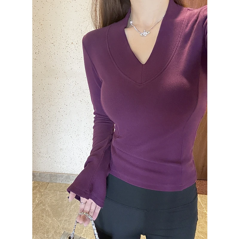 春秋新款韩版百搭修身V领长袖T恤慕斯双面绒显瘦内搭气质打底衫女