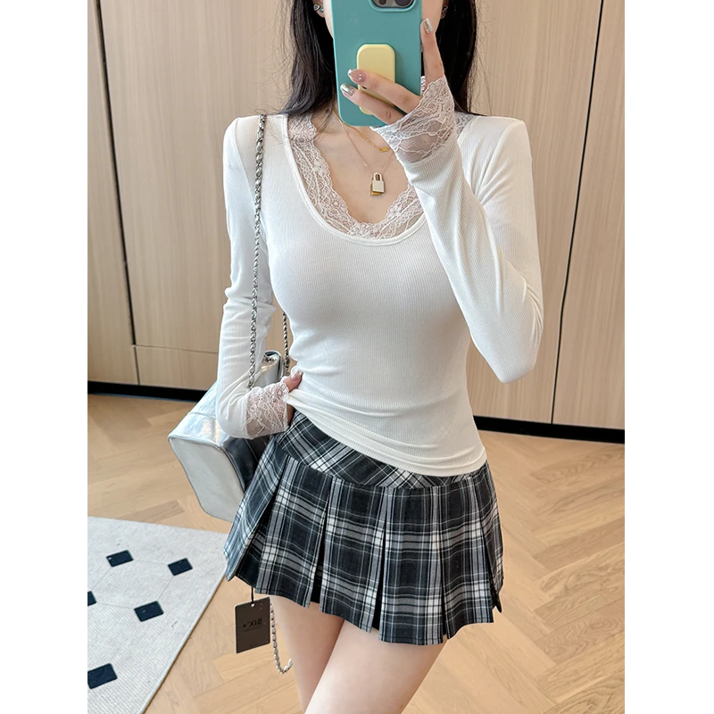 早春款螺纹长袖t恤女纯欲U领蕾丝花边拼接打底衫修身显瘦内搭上衣