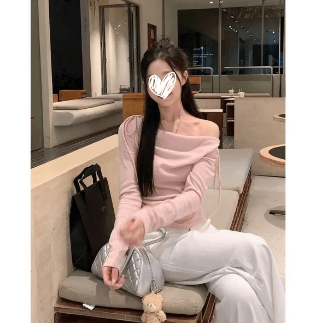 纯欲辣妹气质修身荡领一字肩打底衫女优雅蝴蝶结百搭长袖T恤上衣