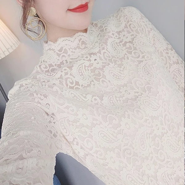 蕾丝打底衫女春秋新款性感镂空漂亮小衫欧货洋气法式内搭网纱上衣