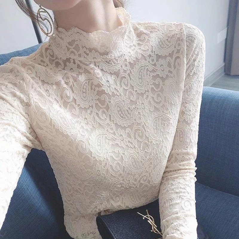 蕾丝网纱上衣春秋新款镂空漂亮小衫欧货爆款洋气法式内搭打底衫女