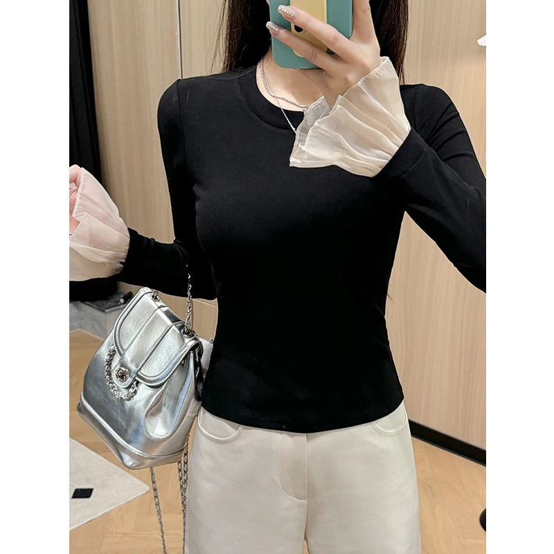氛围感拼接打底衫秋冬内搭新款洋气修身上衣喇叭袖紧身长袖T恤女