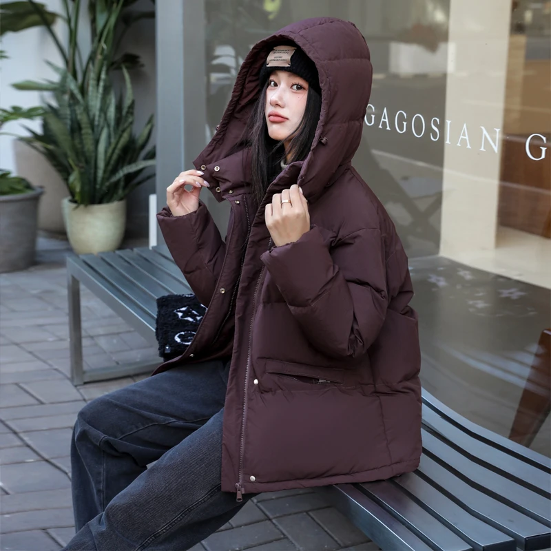 美拉德连帽短款羽绒服女2024冬季新款白鸭绒爆款加厚保暖外套