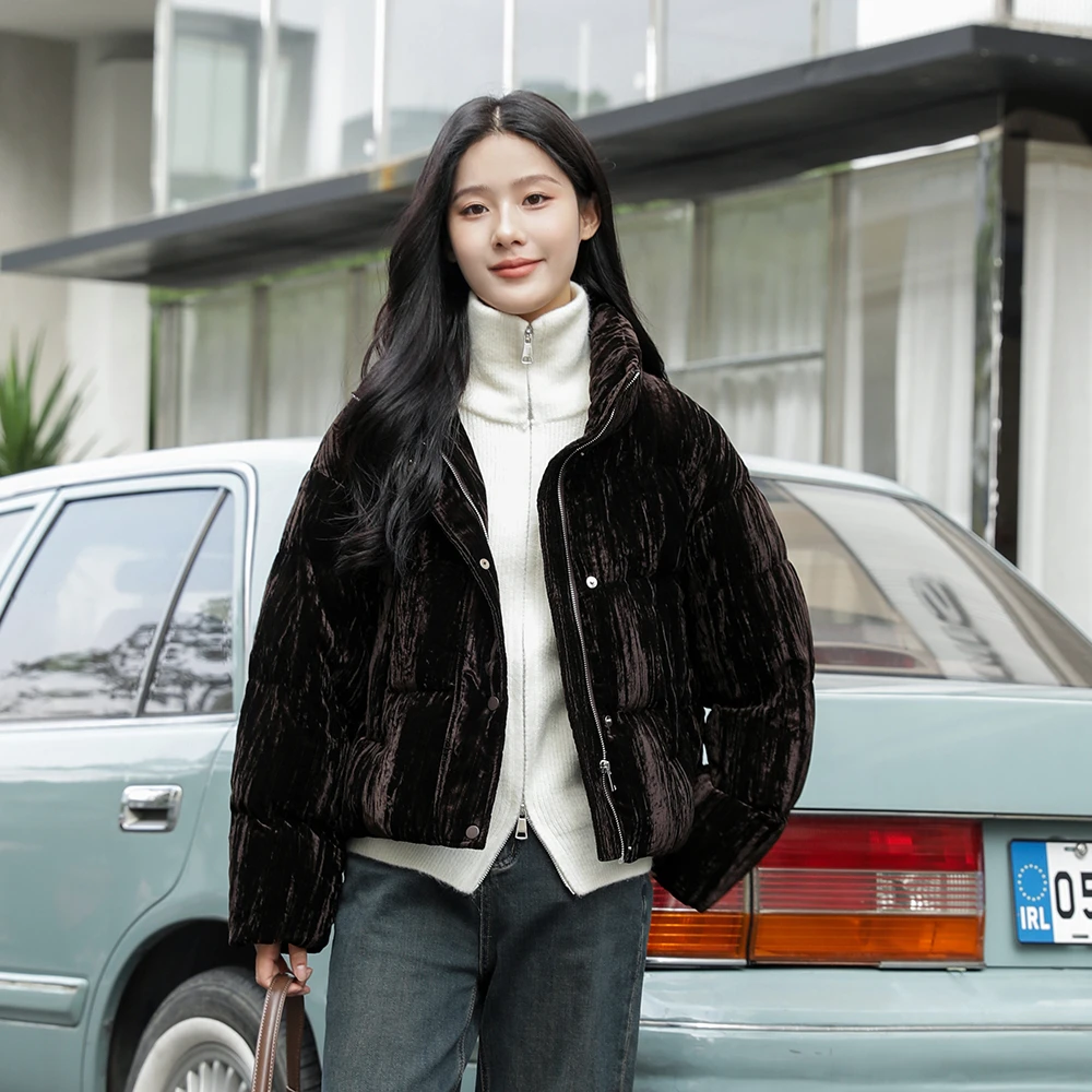 黑金显瘦短款立领羽绒服女2024年冬季新品95白鸭绒韩版小个子外套