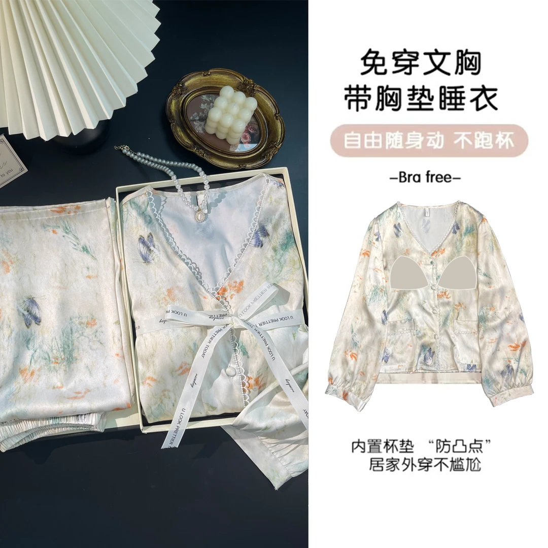 蝴蝶花开秋冬女士睡衣带胸垫大码长袖长裤套装新中式宽松显瘦透气