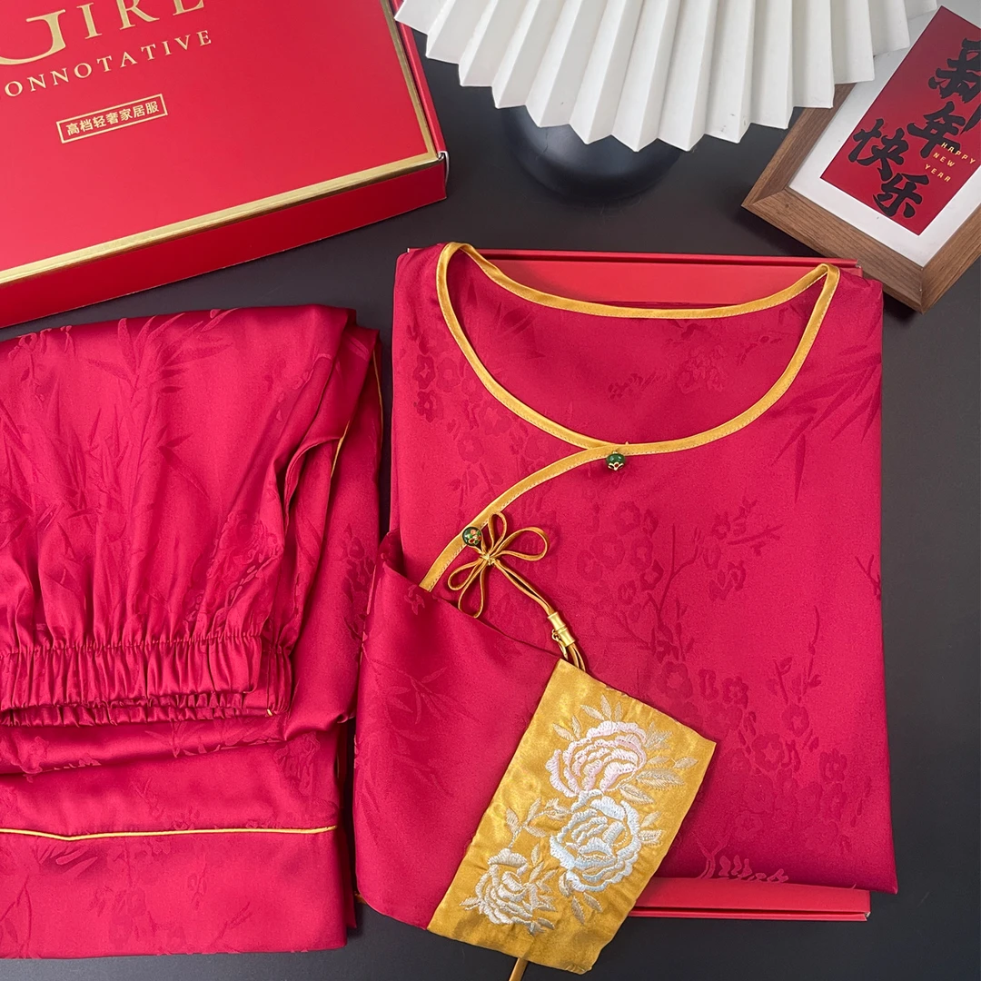 红色国风苏绣爆款睡衣家居服本命年结婚新婚提花长袖柔软新春款