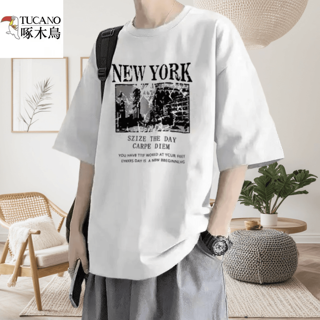 啄木鸟男士夏季休闲百搭宽松韩版时尚轻奢潮流个性ins圆领T恤短袖