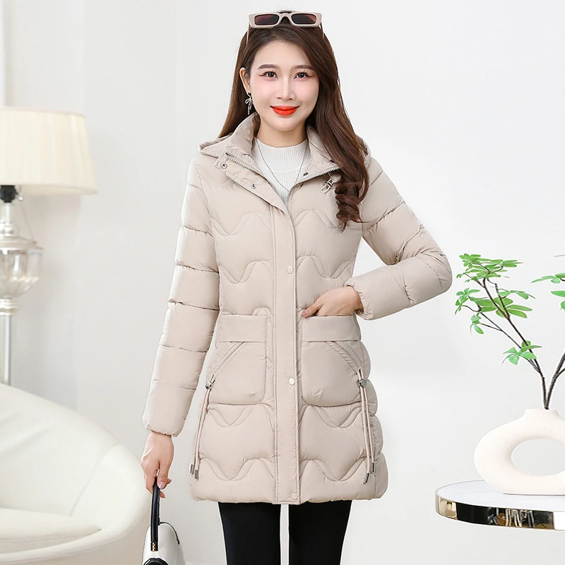 2024冬季新款修身棉服女中长款可脱卸帽纯色棉袄显瘦时尚棉衣外套