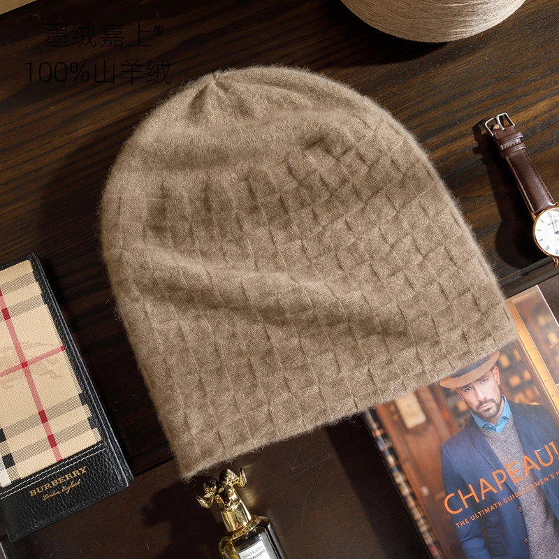 秋冬男款100%纯山羊绒保暖方块堆堆帽帽子冷帽韩版针织绒帽包头帽