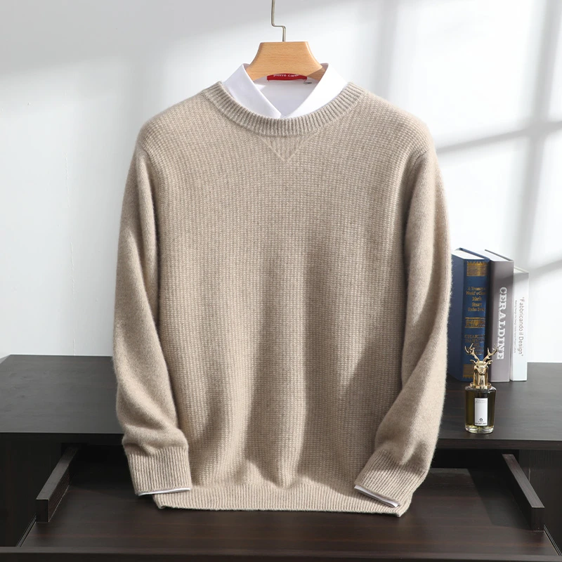 秋冬男款圆领100%山羊绒衫保暖加厚休闲宽松针织百搭毛衣套头打底