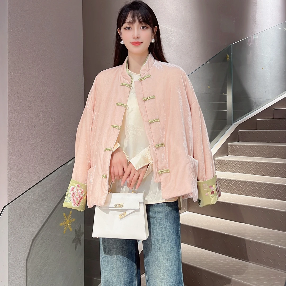 《秀秀定制》时尚中式国风百搭气质袖口绣花加厚女宽松外套8566