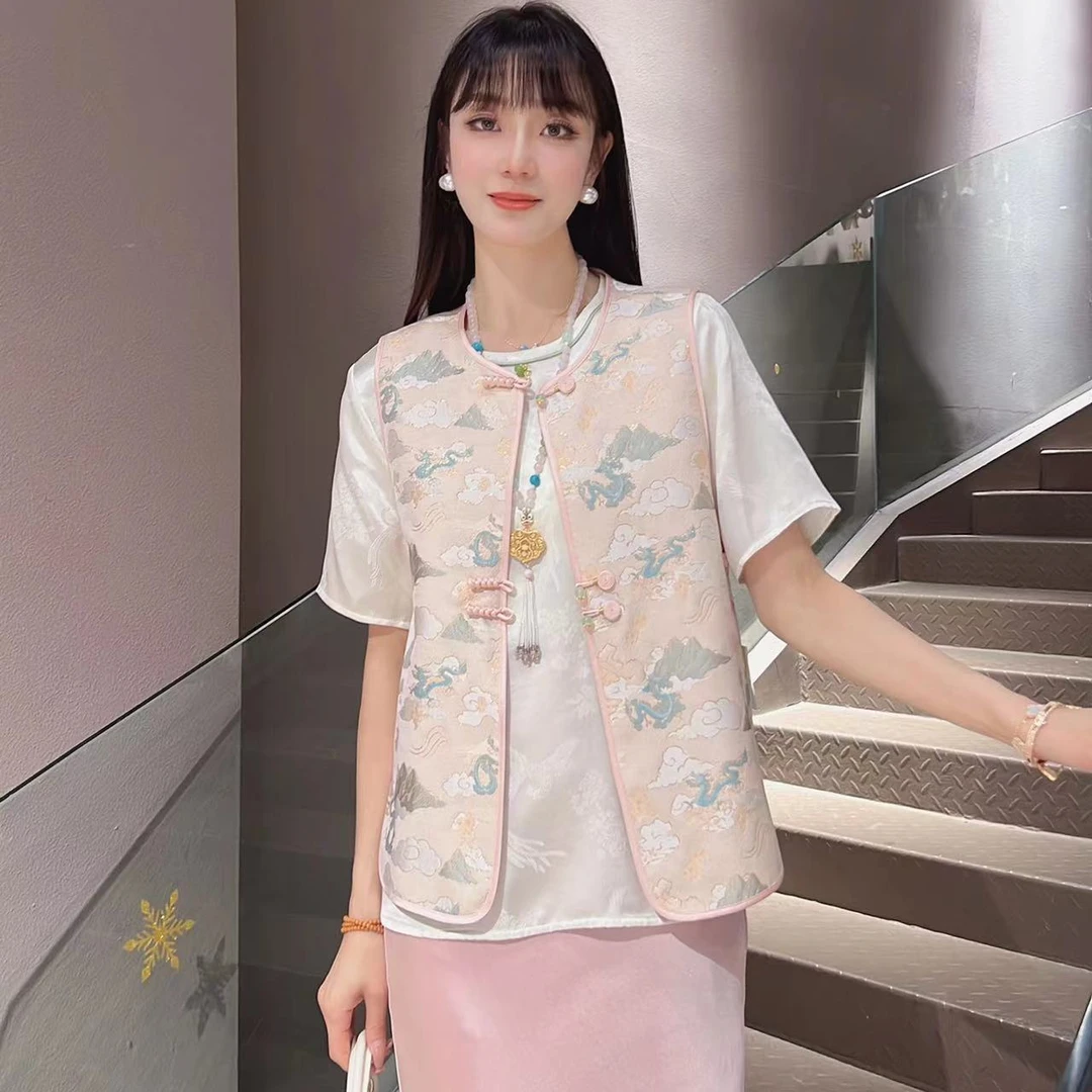 《秀秀定制》《龙腾四海》时尚气质休闲新中式圆领真丝宋锦马甲0828