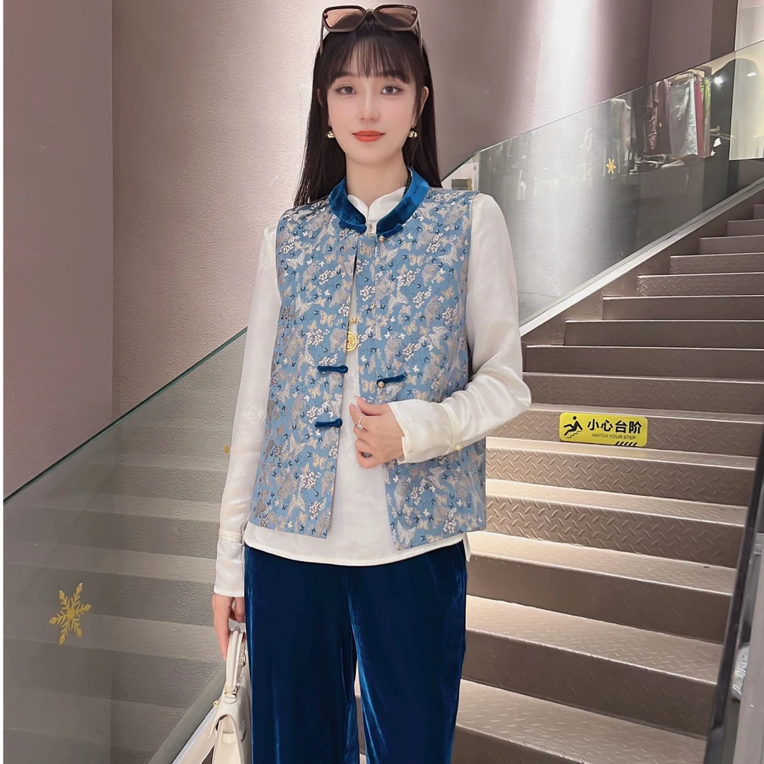 《秀秀定制》《青花》时尚新中式蝴蝶碎花气质中国风真丝宋锦马甲2413