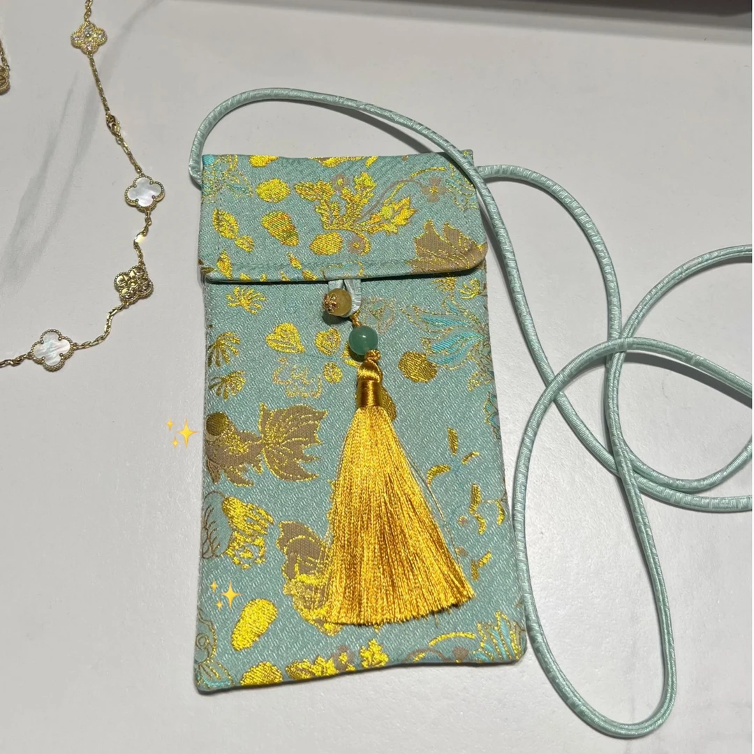 《秀秀定制》金鱼海藻纹时尚真丝宋锦百搭单肩手机袋3147