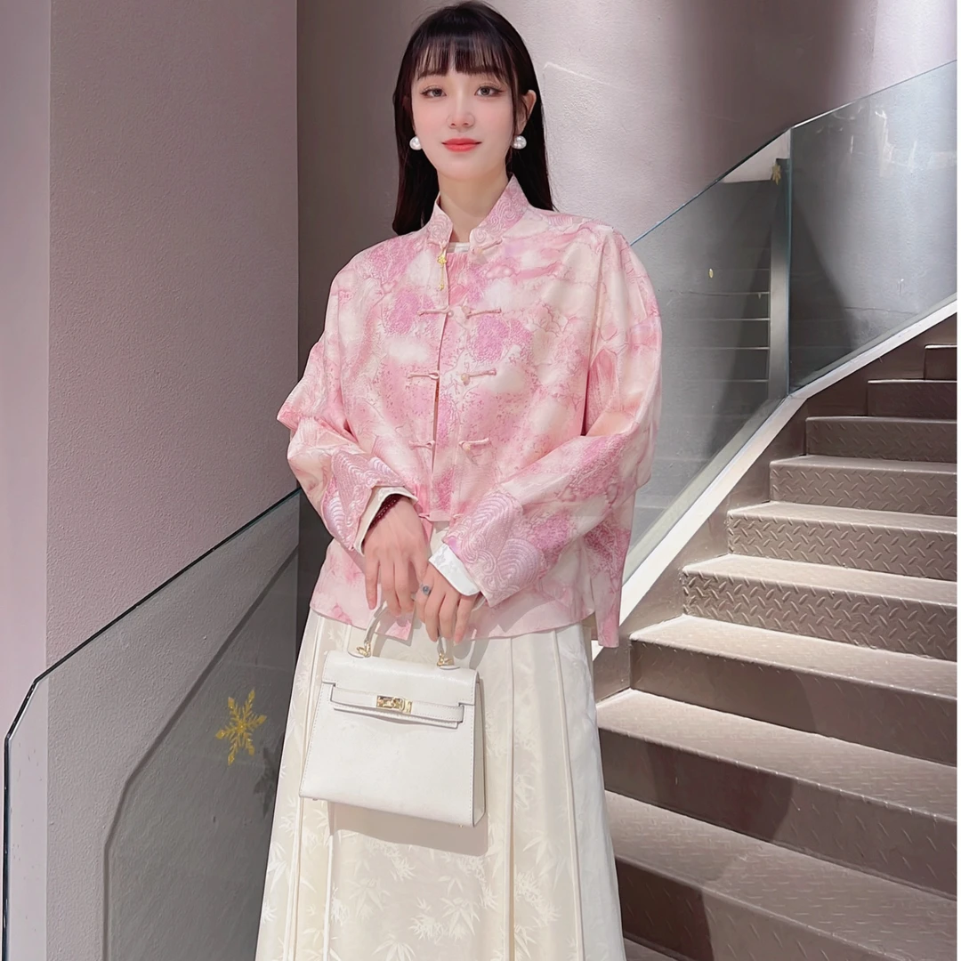 《秀秀定制》《粉山河》时尚中国风新中式长袖复古印花设计感外套7267