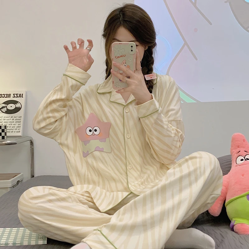 秋冬季宽松女睡衣长袖长裤甜美少女学生开衫翻领可外穿家居服套装