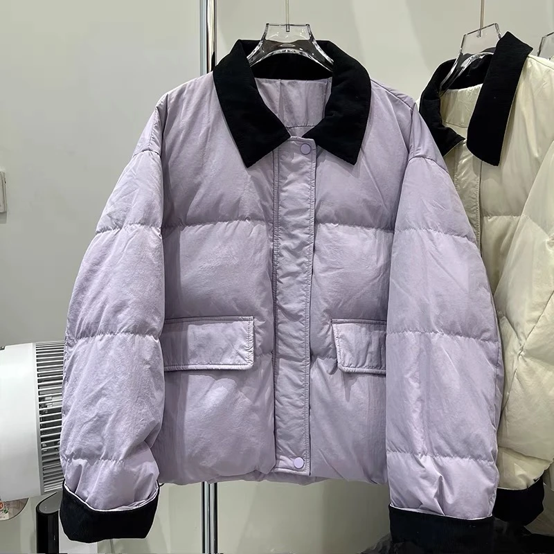 撞色翻领灯芯绒拼接新款2024短款棉服小个子减龄棉衣外套