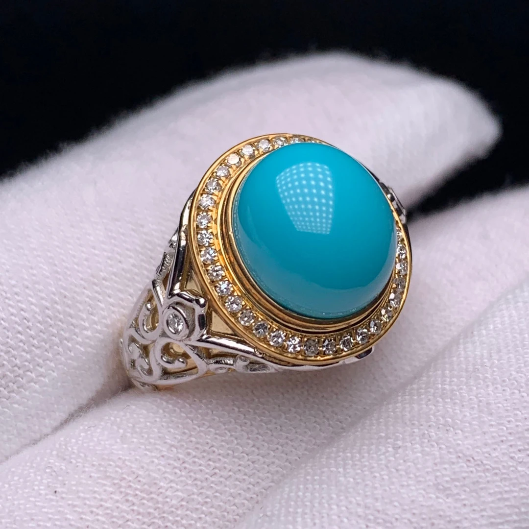 【旷野珠宝】绿松石精品洞子沟18K金真钻圆形饱满戒指蓝色镶嵌珠宝