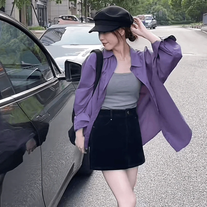 法式紫色polo领长袖衬衫女产地好物初秋穿搭冷淡系高级感开衫上衣