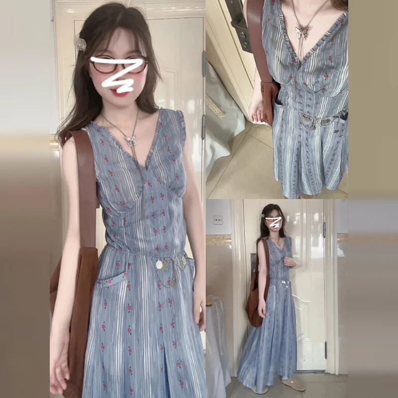 3563复古v领碎花连衣裙子女产地好物夏季小众设计感气质收腰长裙