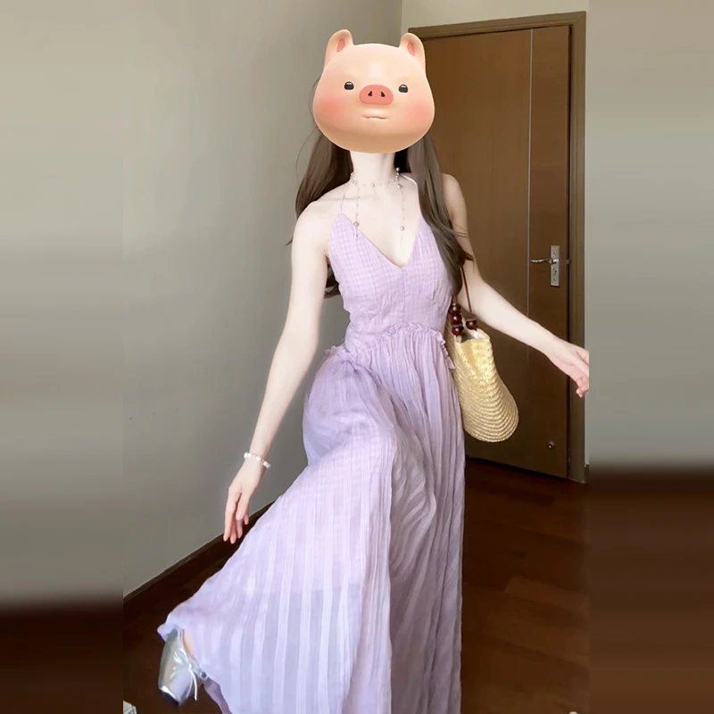 海边度假露背紫色连衣裙的裙子女夏季法式挂脖吊带裙长裙3775