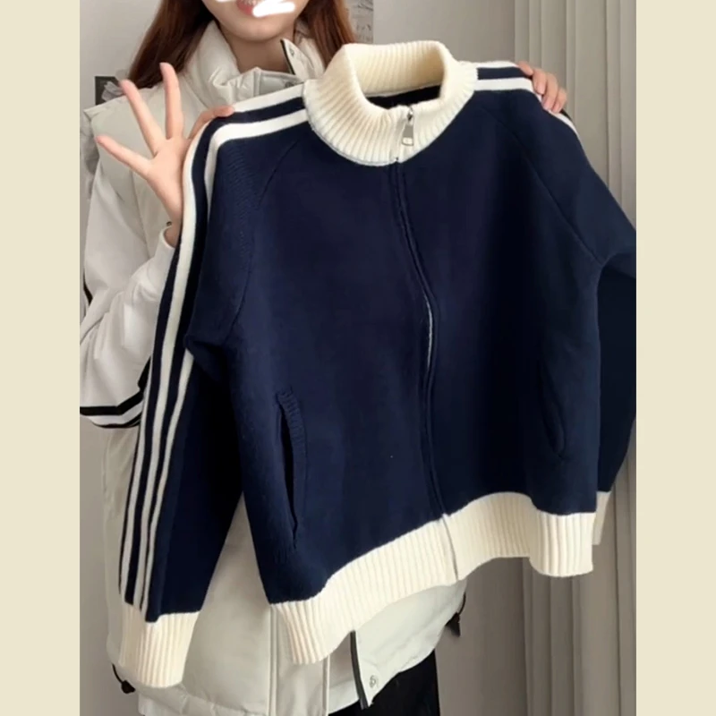 美式条纹立领短外套女春秋季产地好物棒球服毛衣开衫拉链针织上衣