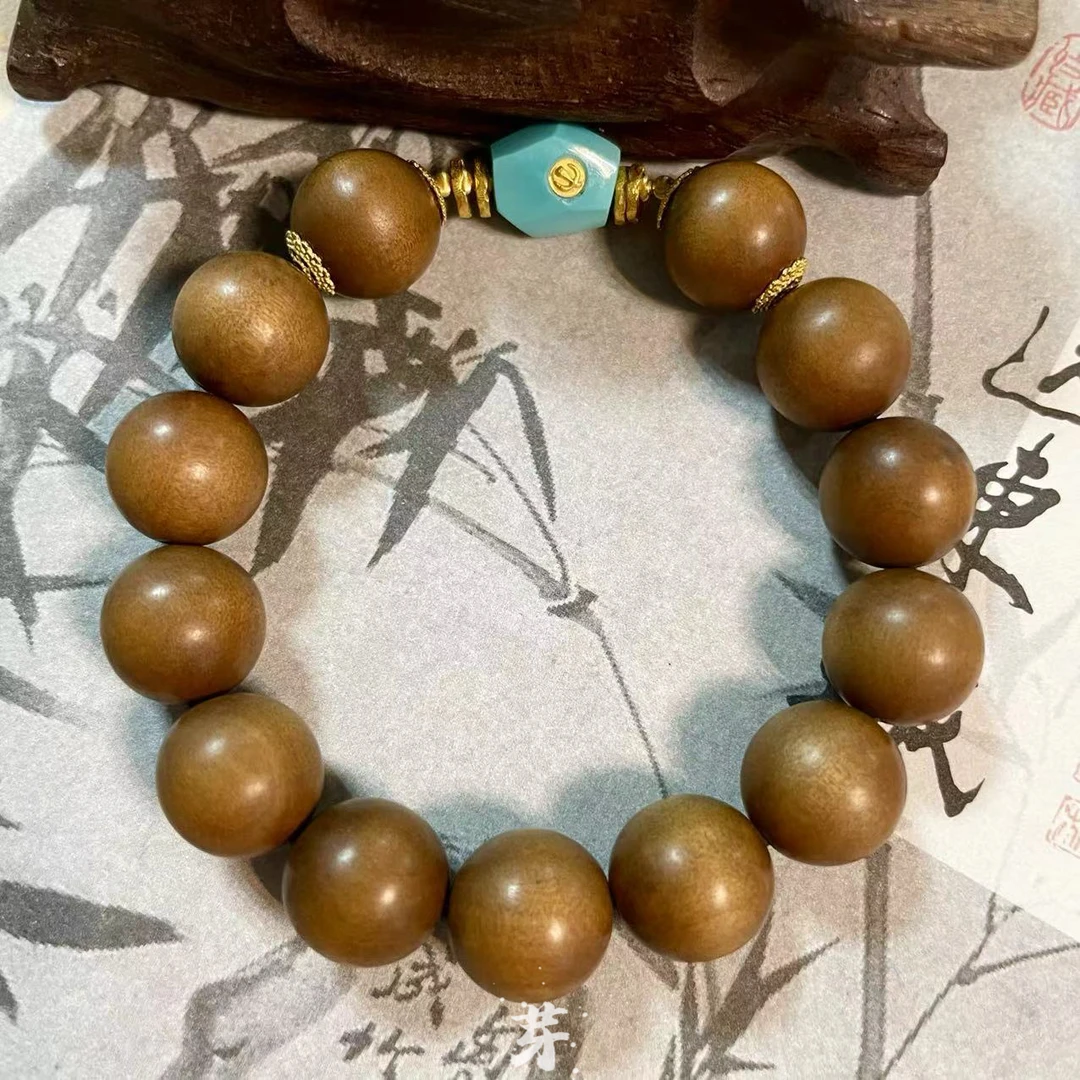 【鲸囍】原矿绿松石●18K金镶嵌老山檀手串多样性发其一#8735