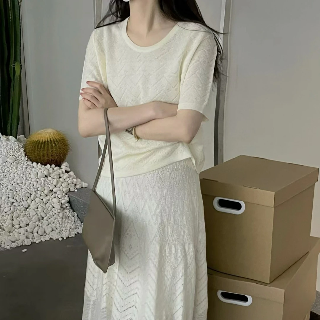 新款软糯舒适夏季薄款时尚百搭圆领针织短袖上衣59008A2