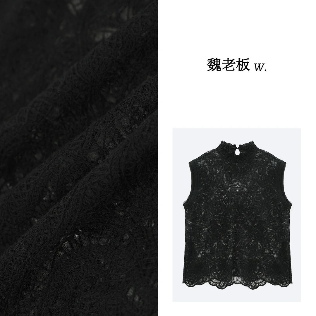 W.Diva【奥妙】轻淑风百搭洋气气质黑色圆领无袖镂空小衫1S1610045