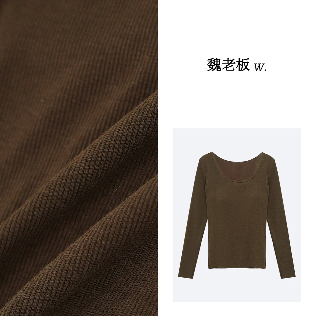 W.Diva【难分】内里暖绒大圆领一体杯长袖气质百搭打底T恤4T180R456