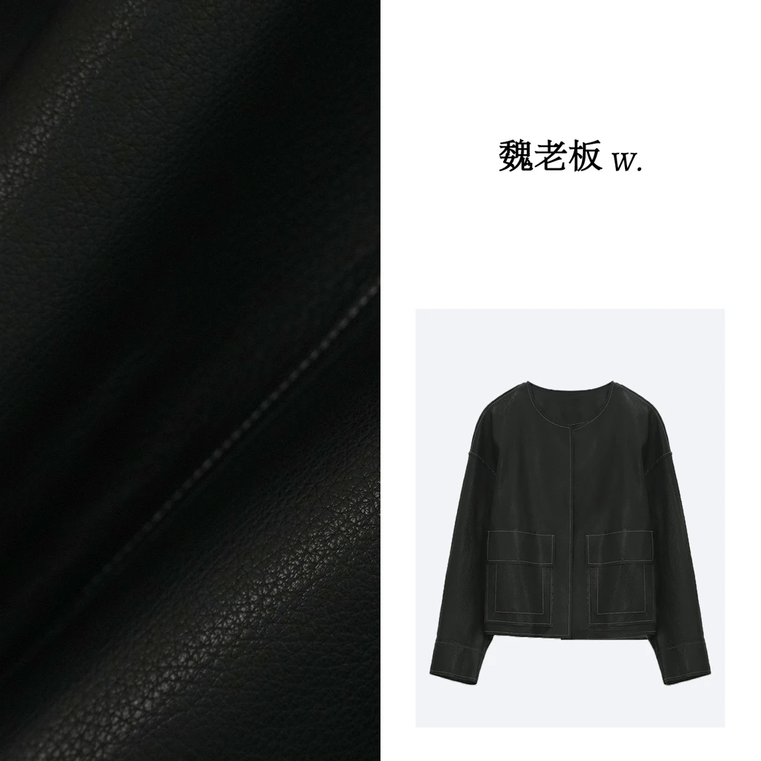 W.Diva【无名】荔枝纹羊皮廓形圆领休闲皮衣外套1CDM30390