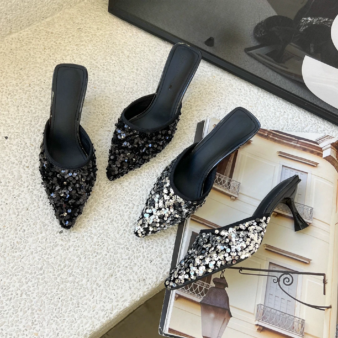 2024新款细跟凉拖鞋高跟名媛鞋法式亮片气质高跟鞋7802