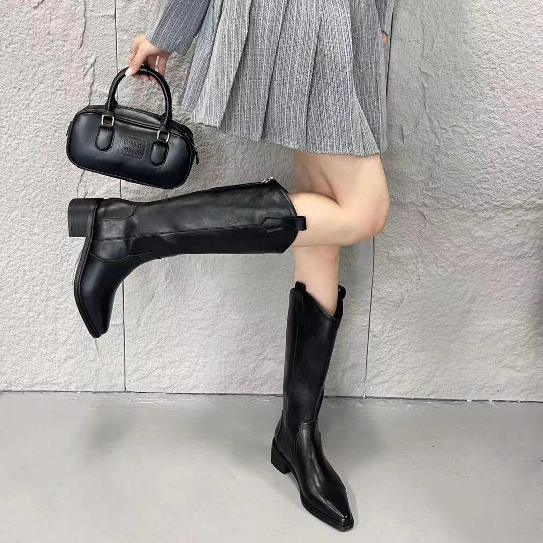 断码秋冬季中筒简约V口尖头粗跟厚底时尚百搭不过膝女801-167