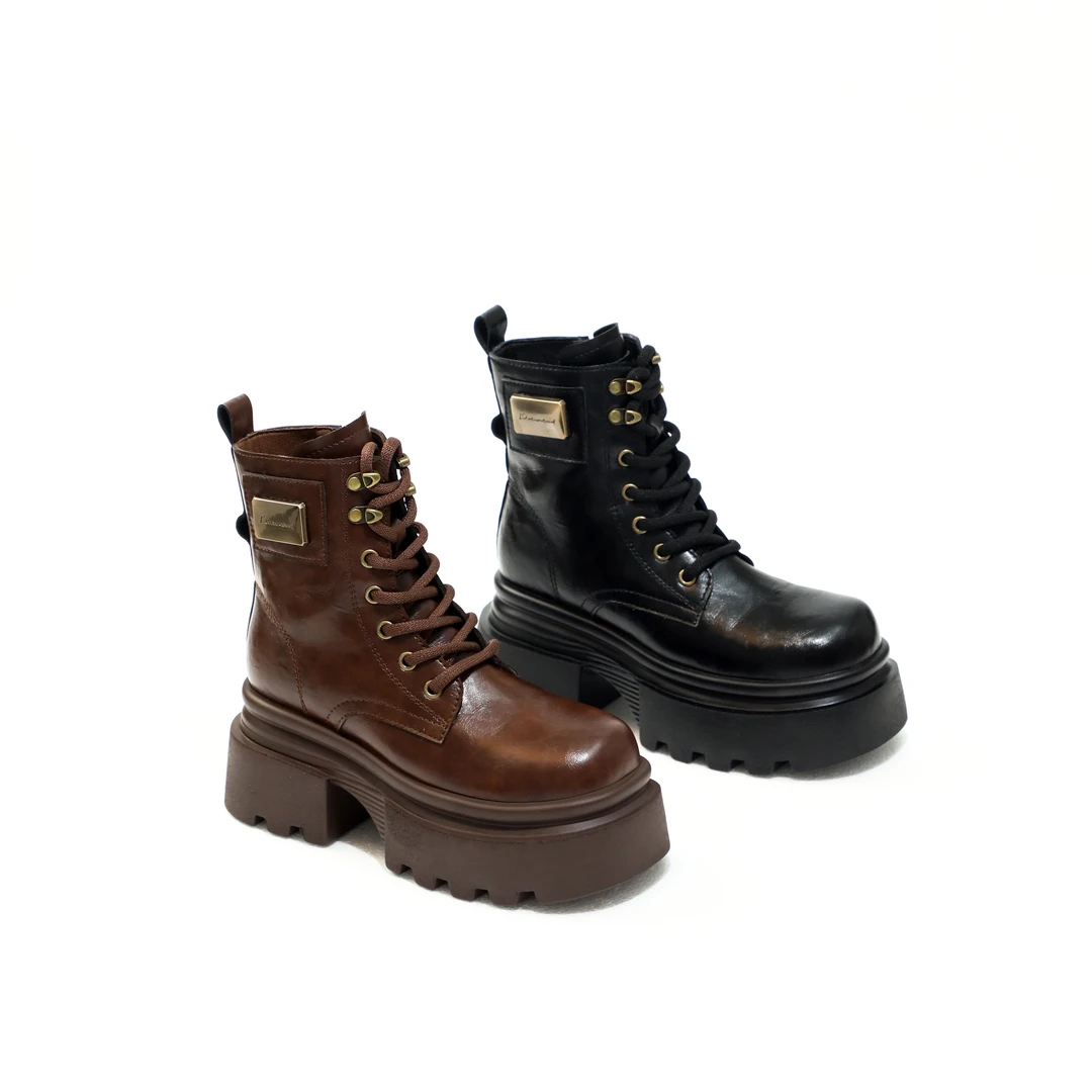 【增高7.5cm】真皮马丁靴女2024冬季新款粗跟短靴女复古女靴 6410