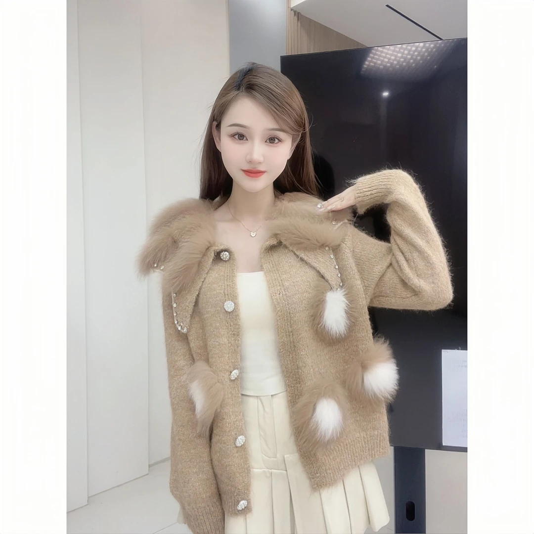 【甜柚柚】“云朵慕斯”气质百搭保暖针织皮草外套9546