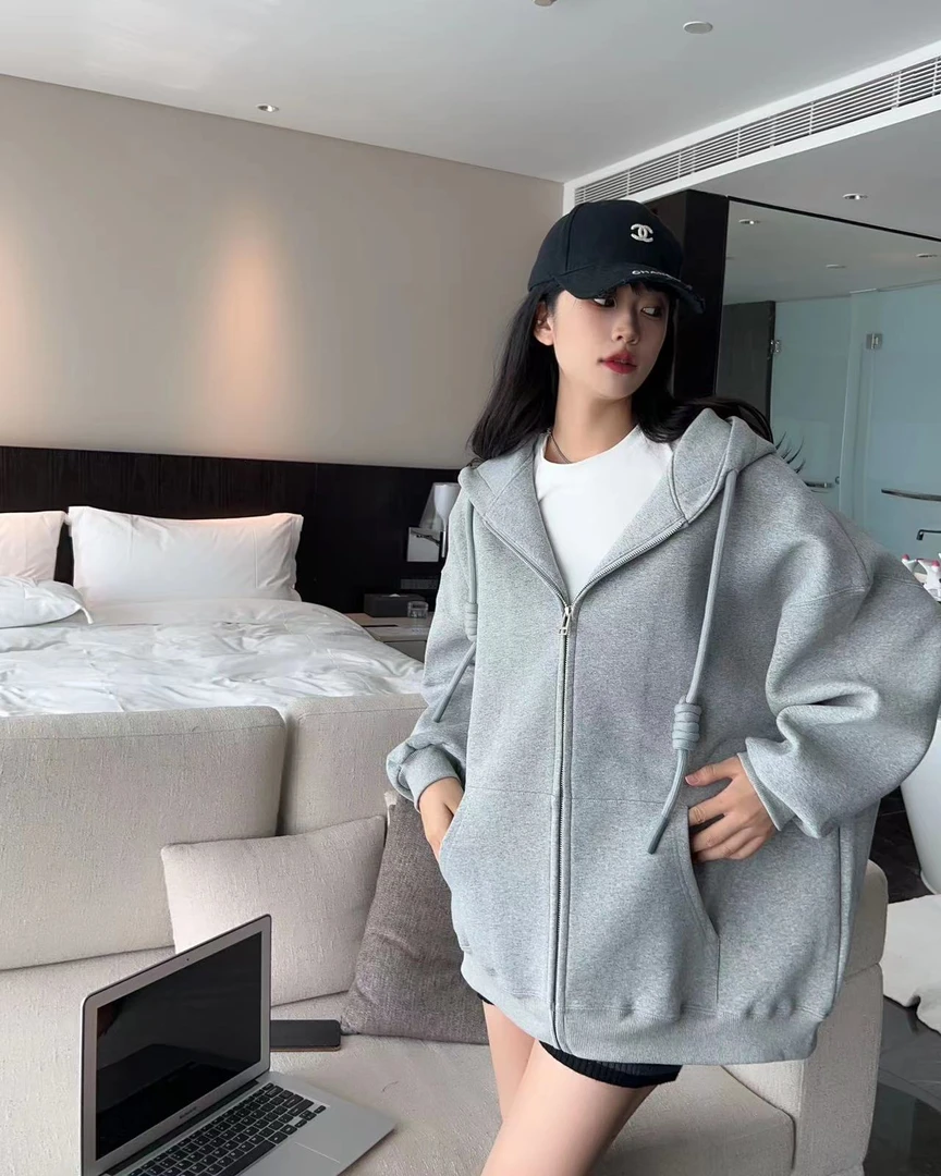 【李拜天】秋款韩版重磅中长款净版开衫宽松连帽纯色外套203#秋