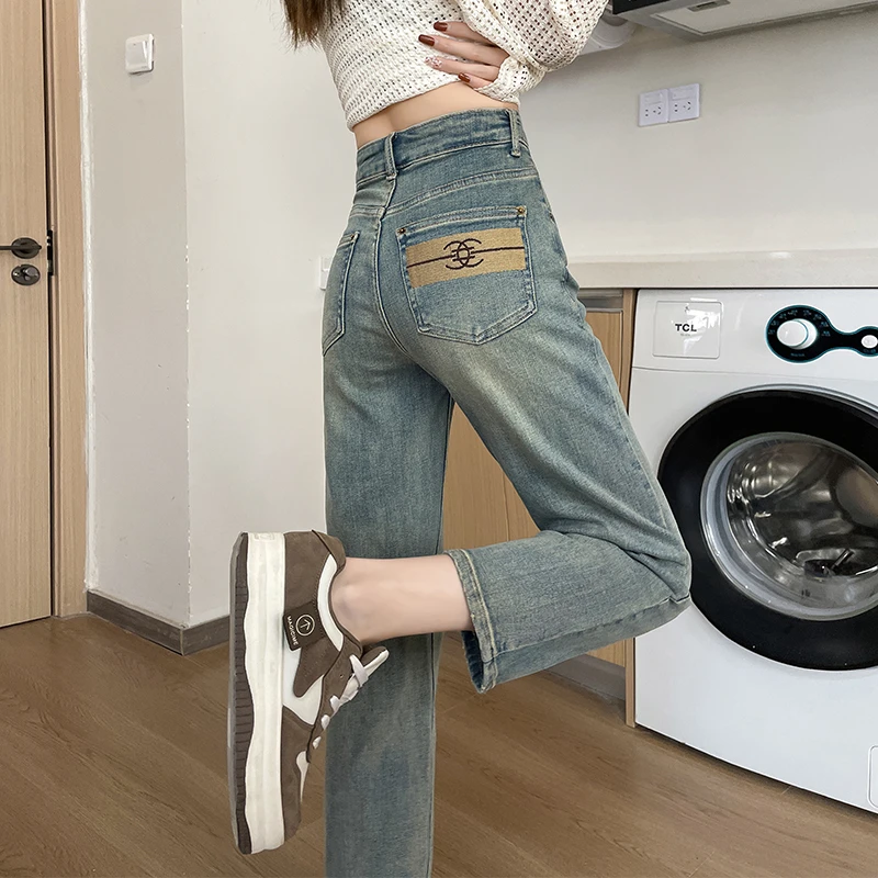 复古烟管牛仔裤女春夏2024新款春秋高腰小个子八九分弹力直筒裤子