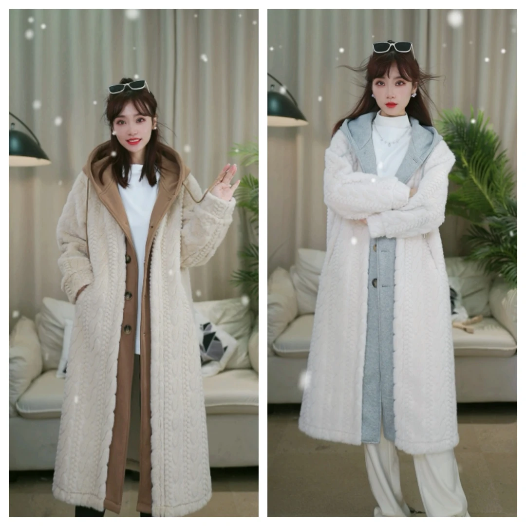 【晓慧姐】2025冬季加厚保暖连帽新品时尚毛毛大衣中长款外套-61695