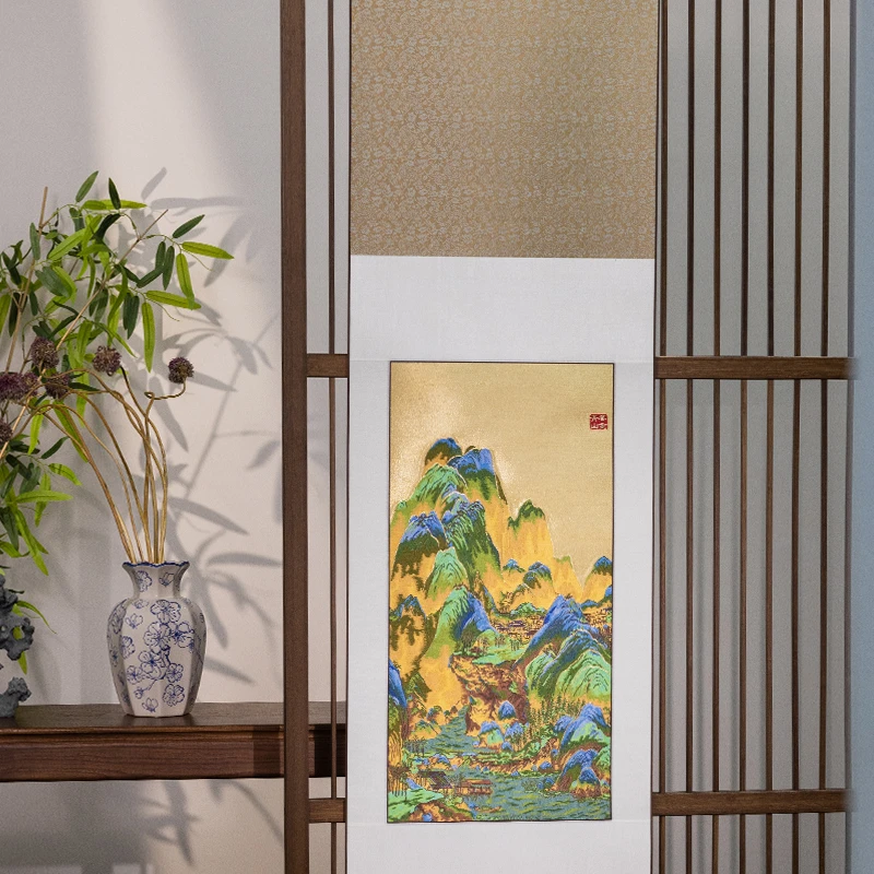 南京云锦研究所【千里江山卷轴】大气竖幅客厅背景墙装饰画