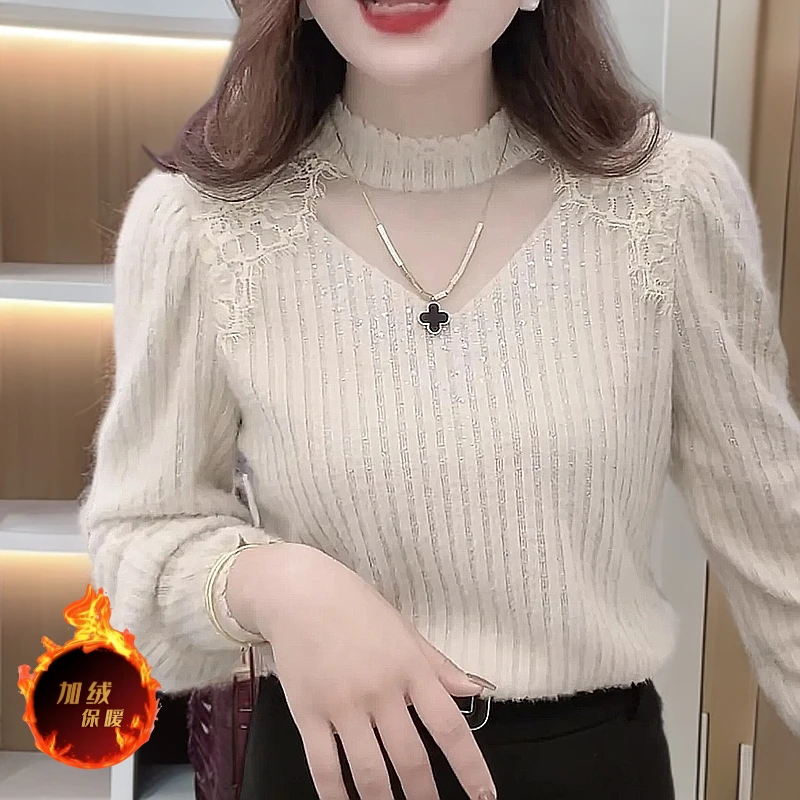 秋冬季新款磨毛蕾丝2025气质打底衫女装韩版长袖修身时尚百搭上衣